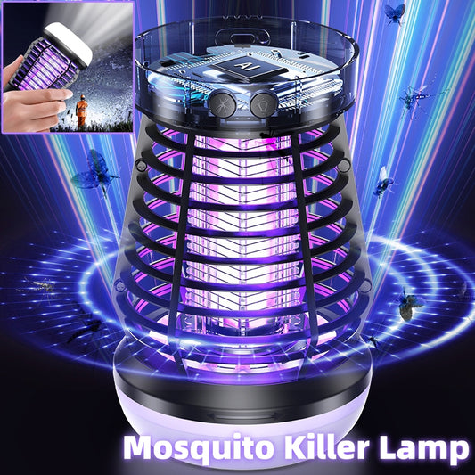 2-en-1 lámpara mata mosquitos recargable con raqueta eléctrica y luz nocturna, ideal para eliminar insectos en casa o exteriores.