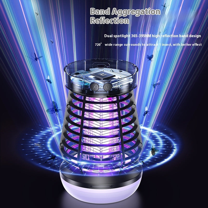 2-en-1 lámpara mata mosquitos recargable con raqueta eléctrica y luz nocturna, ideal para eliminar insectos en casa o exteriores.