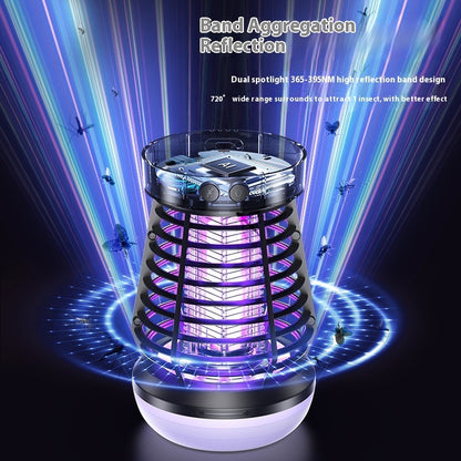 2-en-1 lámpara mata mosquitos recargable con raqueta eléctrica y luz nocturna, ideal para eliminar insectos en casa o exteriores.