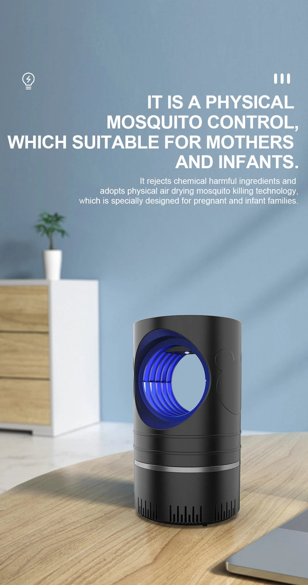 1 pieza — Lámpara eléctrica LED atrapamosquitos e insectos, con control de plagas, tamaño compacto y alimentación USB con adaptador.