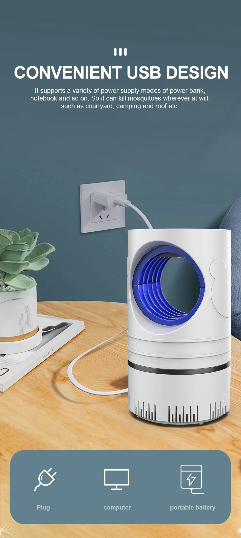 1 pieza — Lámpara eléctrica LED atrapamosquitos e insectos, con control de plagas, tamaño compacto y alimentación USB con adaptador.