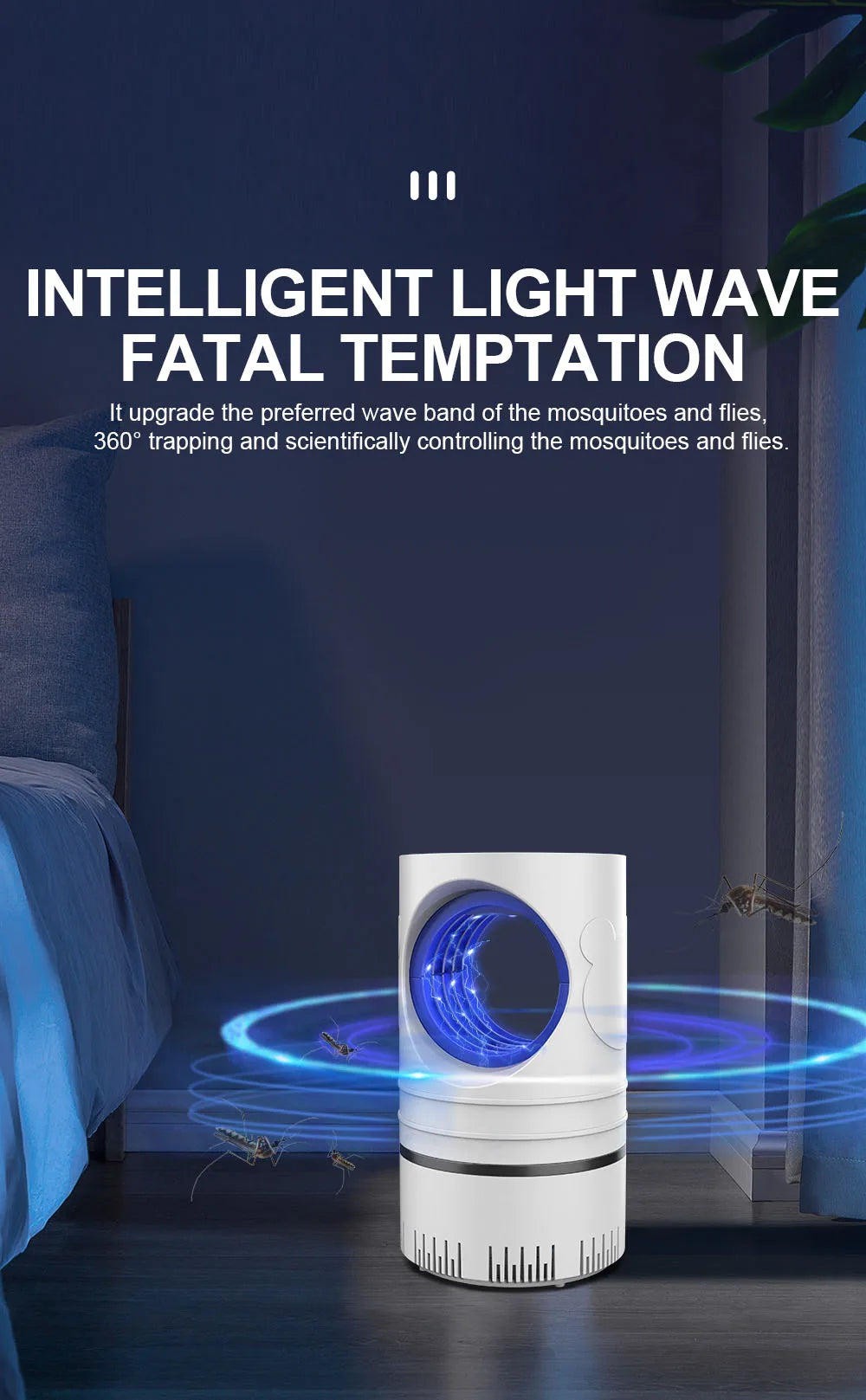 1 pieza — Lámpara eléctrica LED atrapamosquitos e insectos, con control de plagas, tamaño compacto y alimentación USB con adaptador.