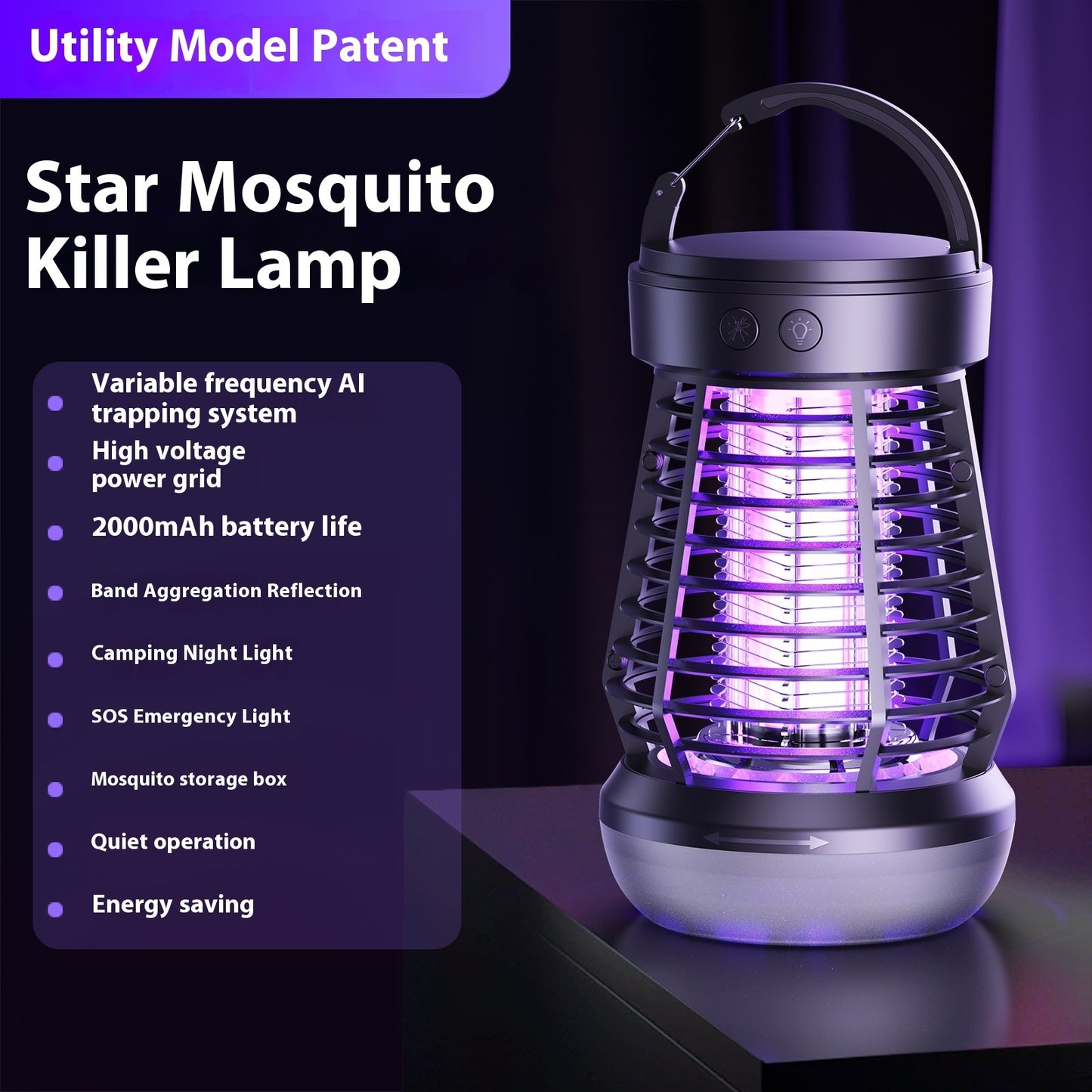 2-en-1 lámpara mata mosquitos recargable con raqueta eléctrica y luz nocturna, ideal para eliminar insectos en casa o exteriores.