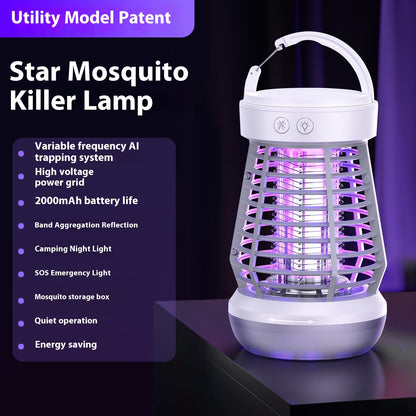 2-en-1 lámpara mata mosquitos recargable con raqueta eléctrica y luz nocturna, ideal para eliminar insectos en casa o exteriores.